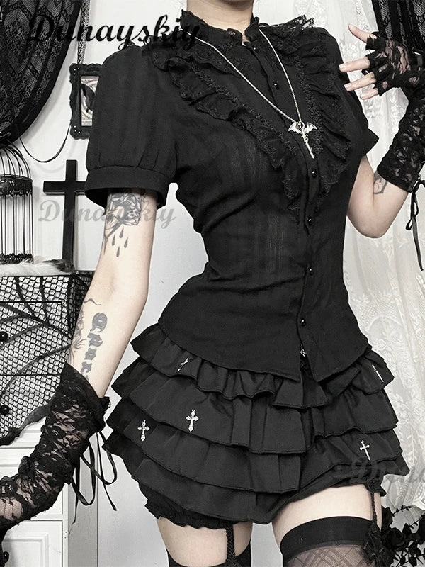 Vintage Mall Gothic Black Shirt Skirt Women Dark Palace Style Streetwear Jacquard Texture Blouse Sleeve Lace Patchwork Shirt