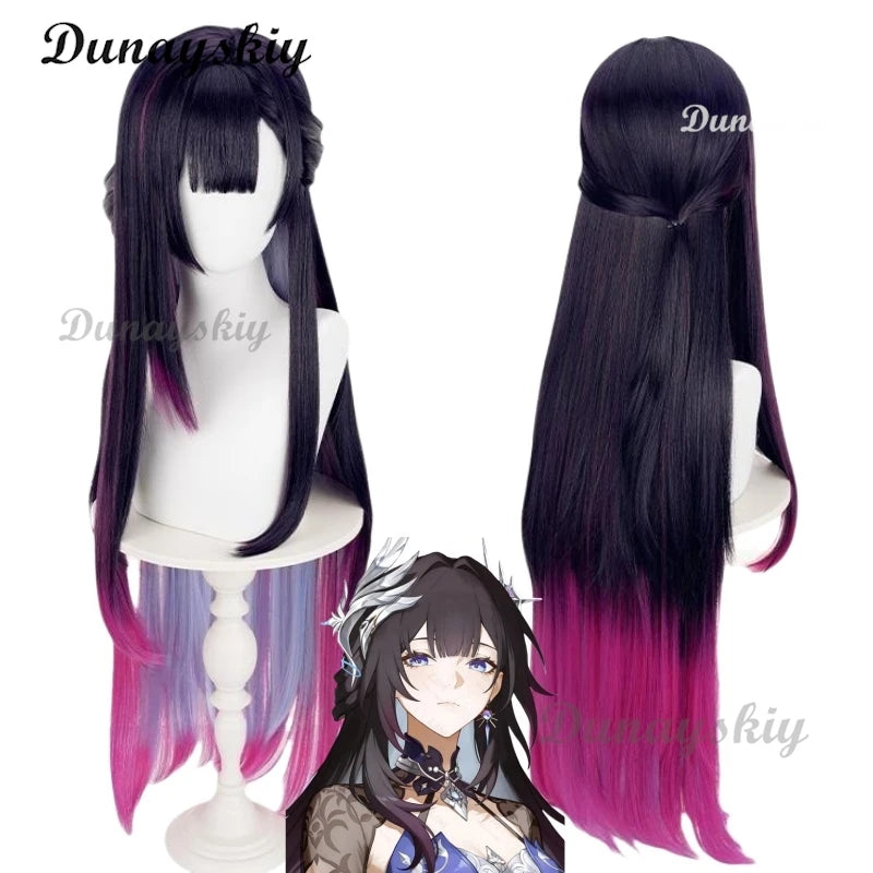 Honkai: Star Rai Hysilens Cosplay Wig Game Helektra Cosplay Wig Black Purple And Red 100cm Long Hair Wig For Halloween