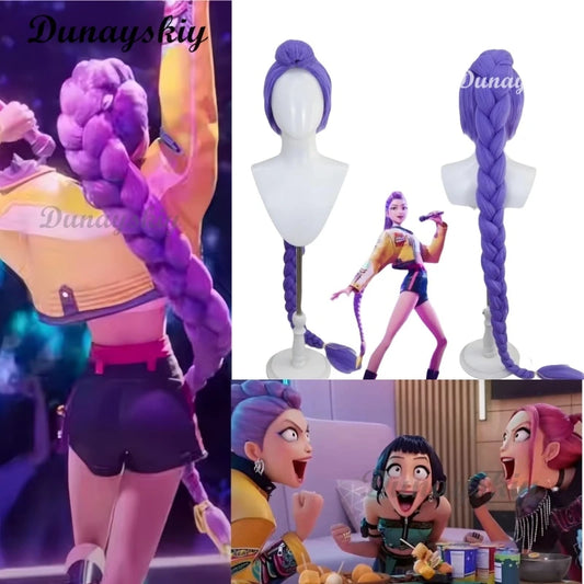 2025 Movie K-Pop Rumi Demon Hunters Stage Lumi Mira Zoe Cosplay Purple Long Wig Braid Hair Hallowen Girl Group Idol