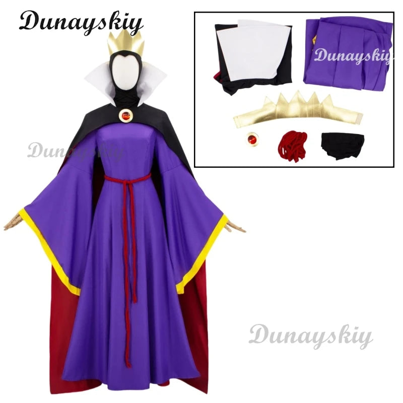 Stepmother Evil Queen Snow Cos White Cosplay Costume Queen Purple Dress Black Cope Villainous Cosplay Costume Halloween