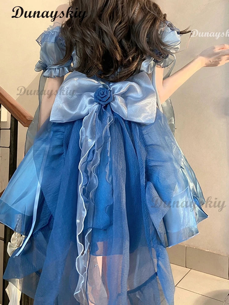 Blue Flower Wedding Lolita Dress Light Lo on the Run Elegant Big Lady Beautiful Puff Short Skirt Fairy Princess Party Customized