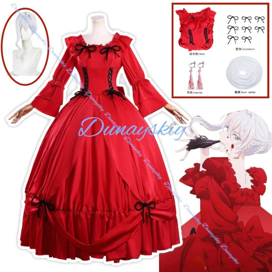 Scarlet El Vandimion Cosplay Costume Wig Earing Red Dress Anime May I Ask for One Final Thing Ice Rose Halloween Party