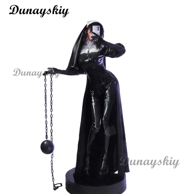 Women Gothic Style Jumpsuit Black White One-Piece Catsuit Jumpsuit and Skirt with Leg Ring Shoe Cosplay Costume for Halloween