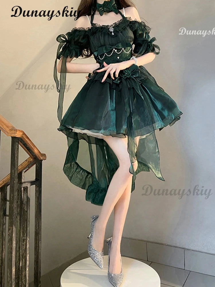 Exquisite Elegant Green Lolita Dress High Waist Slim Fit Bow Off -The-Shoulder Neck Suspender Dress Wedding Dress Customized