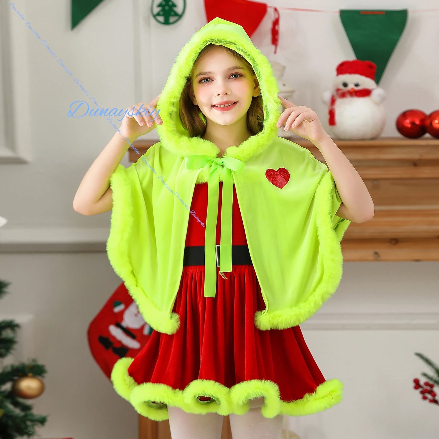 Kids Themed Christmas Costume Dress Green Cape Red Dress Style Santa Children Clothing Christmas Party Outfit costume