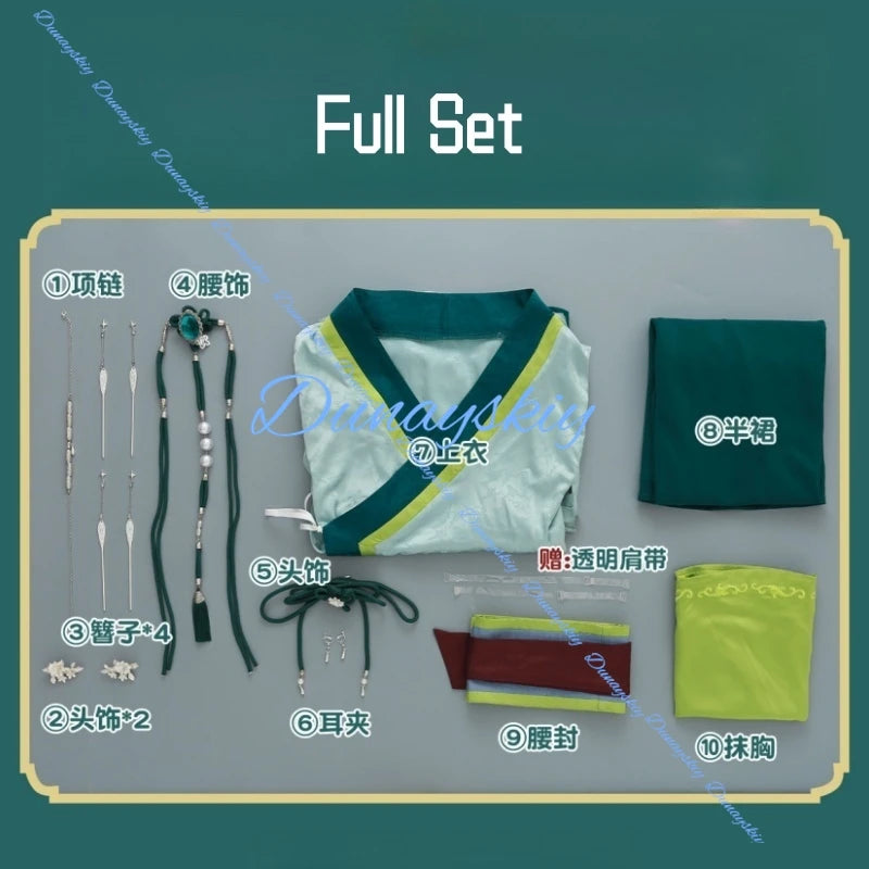 Anime The Apothecary Maomao Cosplay Costume Wig Green Uniform Chinese Traditional Hanfu Dress Headwear Earrings Necklace Chain