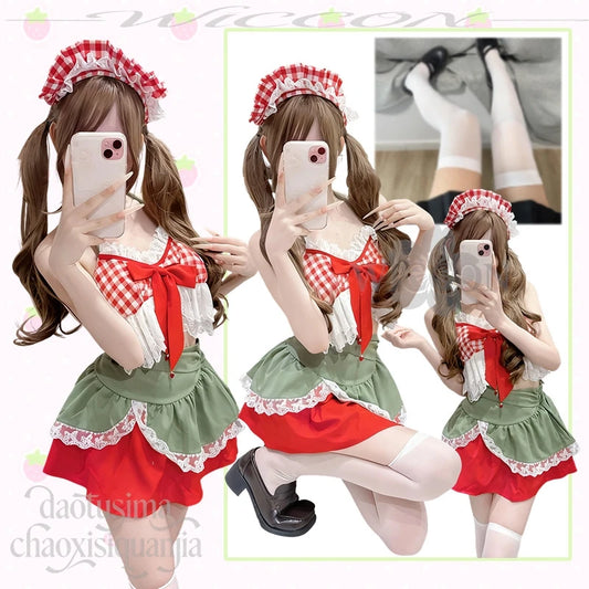 Sexy Strawberry Halter Two-Piece Short Skirt Jirai Kei Cosplay Costume Cute Anime Lolita Original Design Girls Christmas Party