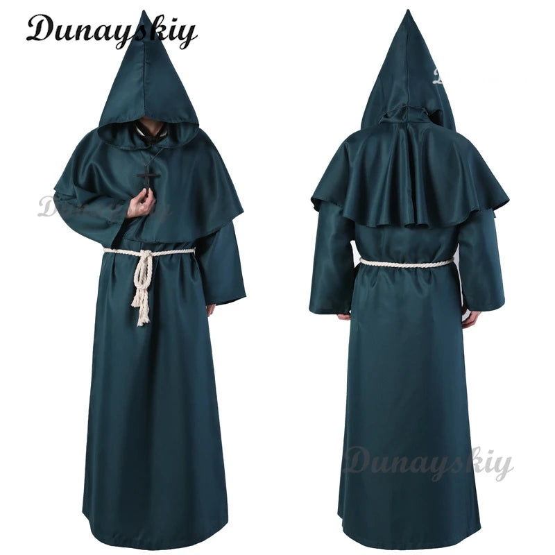 Medieval Hooded Robe New Wizard Costume Halloween Cosplay Costume Monk Friar Robe Priest Costume Ancient Clothing Christian