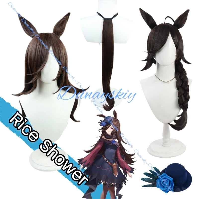 Anime Uma Musume Pretty Derby Rice Shower Cosplay Wig Ear Tail Game Roleplay Party Prop Wigs Synthetic Hair Heat Resistant Fiber