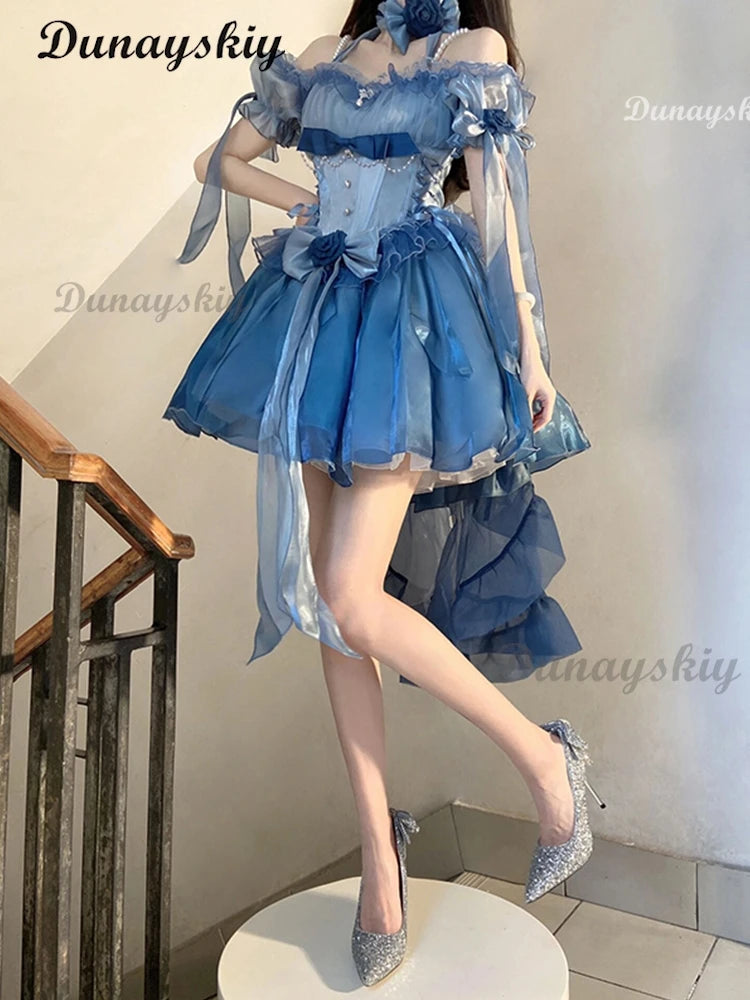 Blue Flower Wedding Lolita Dress Light Lo on the Run Elegant Big Lady Beautiful Puff Short Skirt Fairy Princess Party Customized