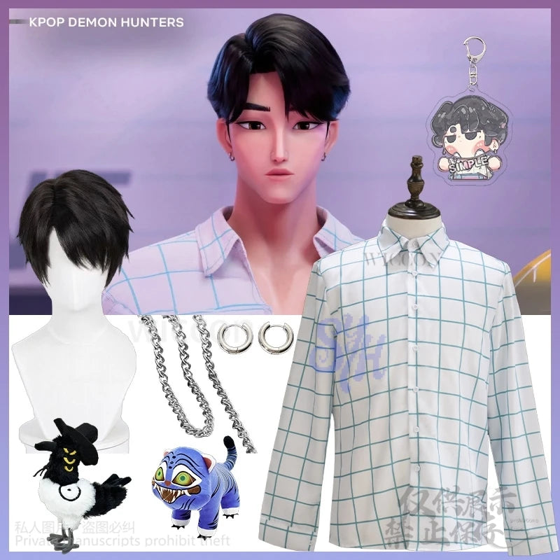Kpop Demon Saja Boys Soda Pop Uniform Cosplay Jinu Anime Costume Fashion Handsome Korea Idol Retro Plaid Long Sleeve Shirt 코스프레