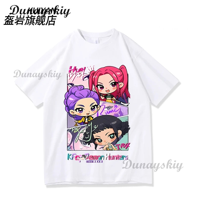 KPop Demon Hunters Cosplay T-shirt Wig Costume Superstar Rumi Mira Zoe Daily Black White Printed Top For Women Girls Clothing
