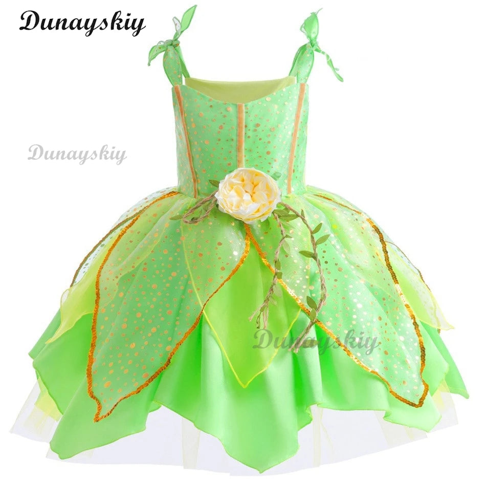 Fancy Girl Flower Fairy Tinker Green Wing Dress Bell Halloween Peter Pan Elf Cosplay costumes Masquerade Party Gowns