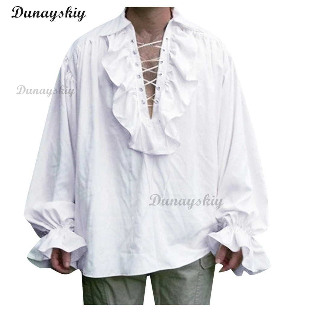 Medieval Adults Renaissance Costume Ruffled Shirts Long Sleeve Lace Up Steampunk Pirate Men Shirt Cosplay Stage Costume forWomen
