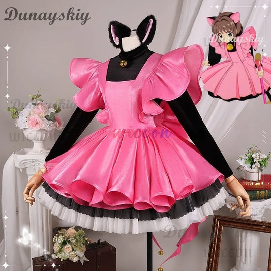 Kinomoto Sakura Cosplay Costume Anime Card Captor Sakura Headwear Women Halloween Cute Black Pink Dress THE THUNDER Ears Tail