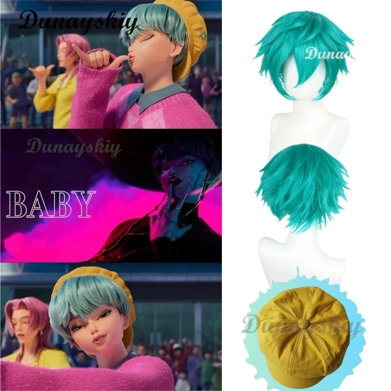 Demon Hunter Saja Boy Baby Cosplay Kpop Group Y2K Wig Hat JiraiKei Heat Resistant Halloween Short Blue Green Hair Cos Outfit