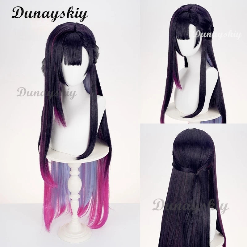 Honkai: Star Rai Hysilens Cosplay Wig Game Helektra Cosplay Wig Black Purple And Red 100cm Long Hair Wig For Halloween
