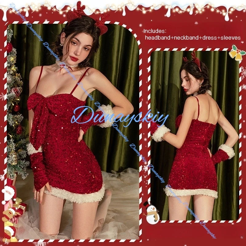 Sexy Bow Velvet Christmas Party Cosplay Costumes Adult Lady Sweet New Year Dress Lady Stylish Xmas Night Outfits New Design