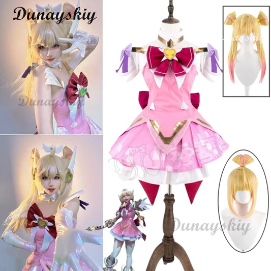Cosersea Magical Girl Juno Cosplay Costume Wig Magical Girl Juno Role Play Halloween Women Pink Dress Carnival Party Outfit