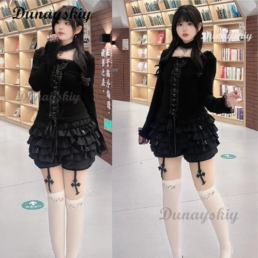 Black Gothic Lace Trim Long Sleeve T-Shirts Women Vintage Sexy Lace-up Square Collar Tops Japanese Fashion Y2k Subculture Tees