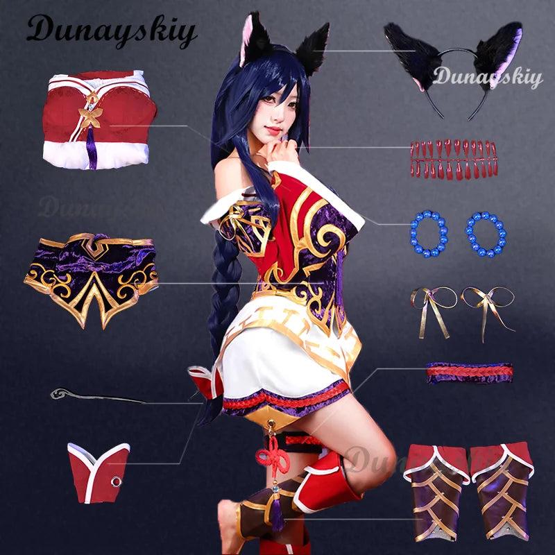 LOL: Ahri Champion Nine Tails Wildd Riftt Game Cosplay Costume Wig Ahri Red Dress Halloween Cosplay