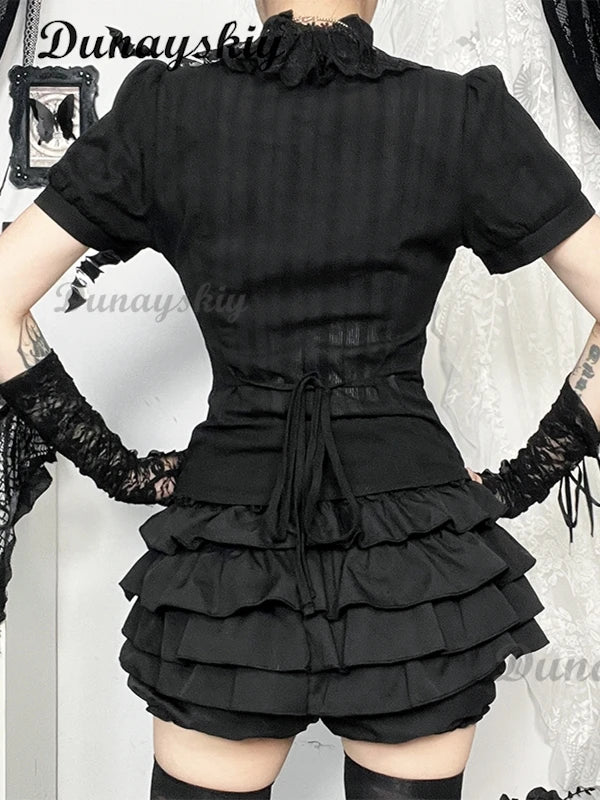 Vintage Mall Gothic Black Shirt Skirt Women Dark Palace Style Streetwear Jacquard Texture Blouse Sleeve Lace Patchwork Shirt