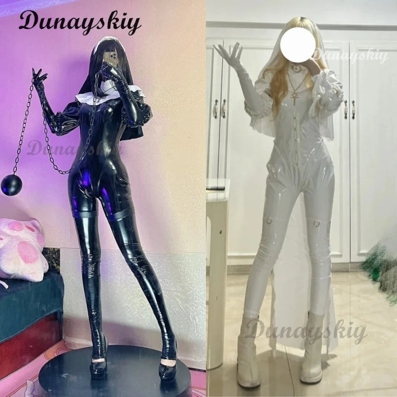 Women Gothic Style Jumpsuit Black White One-Piece Catsuit Jumpsuit and Skirt with Leg Ring Shoe Cosplay Costume for Halloween