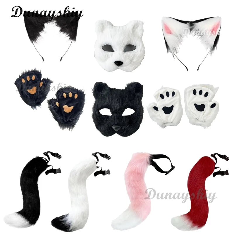 Fluffy Fur Fox Ear Headpiece Tail Cat Claw Glove Headband Necklace Cute Fox Japanese Anime Cosplay Costume Accessory Halloween