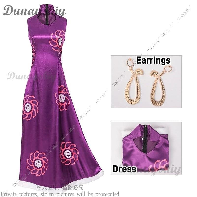 Hancock Boa Cosplay Costume Wig Halloween Costume Party Woman Adult Sexy Comic-Con Oneesan Disguise Purple Dress Set Ear Clips