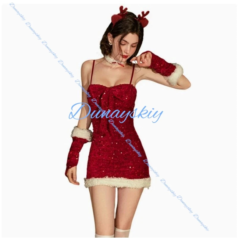 Sexy Bow Velvet Christmas Party Cosplay Costumes Adult Lady Sweet New Year Dress Lady Stylish Xmas Night Outfits New Design