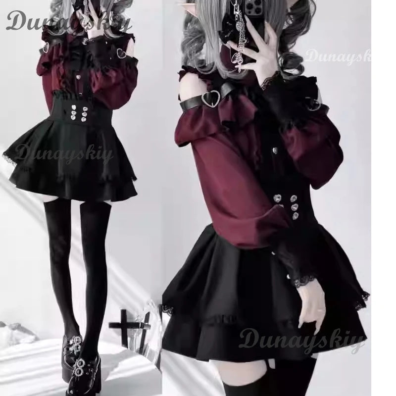 Jirai kei Outfit Lolita Girls Shirt Skirt Set Women Kawaii Bow Long Sleeve Y2K Casual Aesthetic Shirt Japanese Style Women