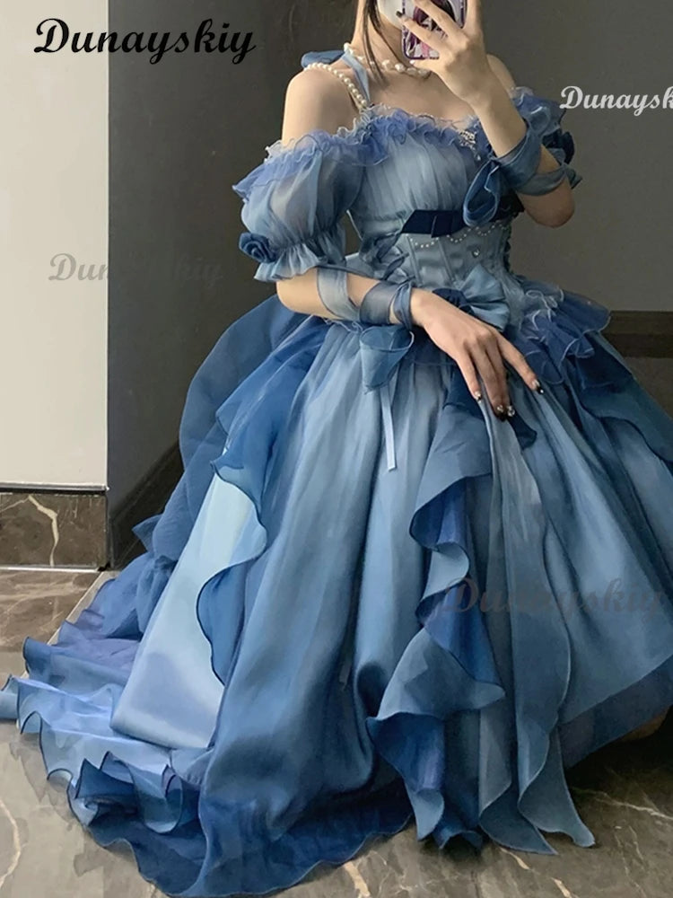 Blue Flower Wedding Dress Cos Lolita Dress Lolita Heavy Industry Trail Puffy Princess Dress Bow Lolita Cosplay Customized