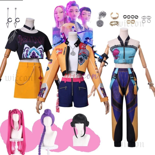 Kpop Huntrix Group Rumi Zoey Mira Cosplay Anime Demon Hunters Costume Coat Earrings Set 코스프레 Halloween Party Outfit for Girls