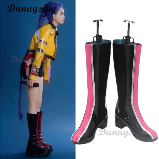 Anime Movie KPOP Demon Hunters Rumi Cosplay Shoes Boots Black PU Leather Boots For Women Men Halloween Carnival Party Props