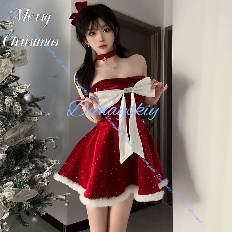 Sexy Velvet Christmas Costume Red Dress Role-playing Dreamy Festive Outfit Women's Modern Dance Special Use Clothing