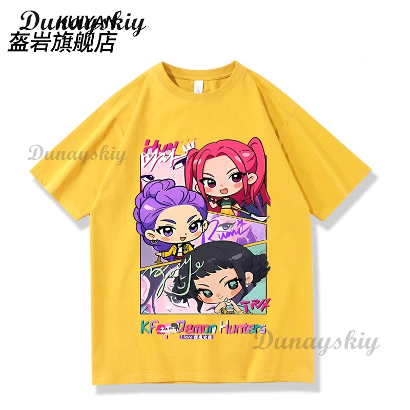 KPop Demon Hunters Cosplay T-shirt Wig Costume Superstar Rumi Mira Zoe Daily Black White Printed Top For Women Girls Clothing