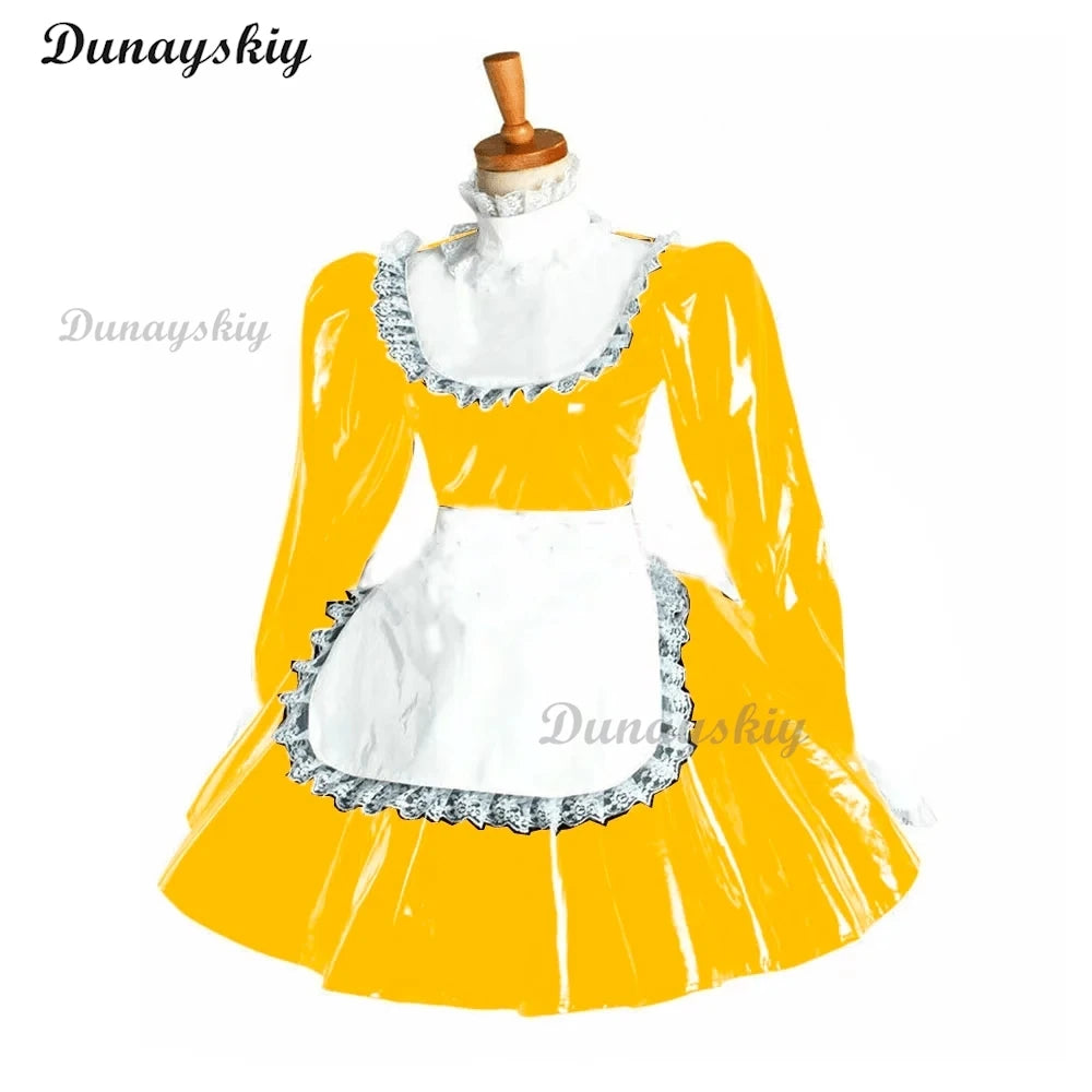 Puff Long Sleeve Gothic Mini Dress Cosplay Women Lolita Bowknot Lace Apron Dress PVC Wetlook Maid Cosplay Halloween Maid costume