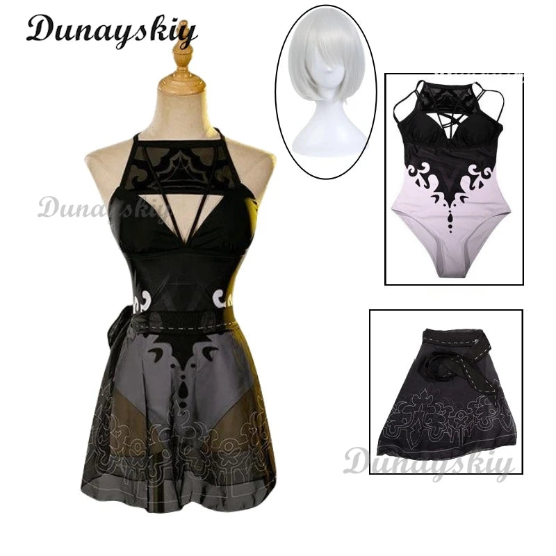 Anime Game Nier Automata Yorha 2B Cosplay Costume Sexy Hollow Two Piece Bikini Swimsuit Halter Neck Swimwear Bathing Customized