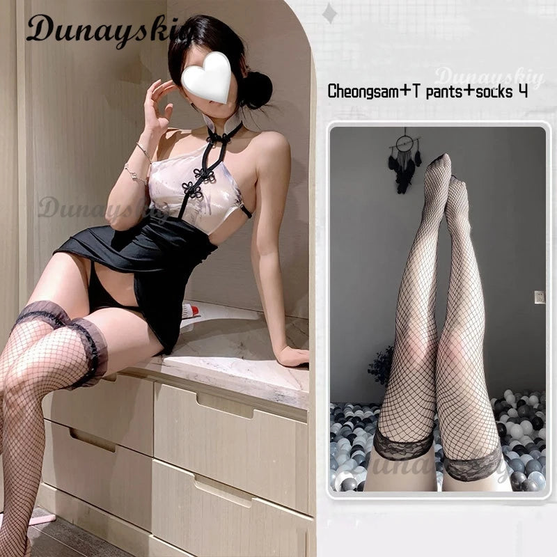 Chinese Style Mini Cheongsam Print Sexy Lingerie Teddy Nightgown Sexy Office Secretary Uniform Lace See Through High Split Dress