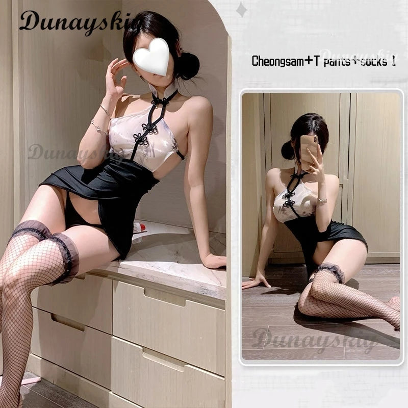 Chinese Style Mini Cheongsam Print Sexy Lingerie Teddy Nightgown Sexy Office Secretary Uniform Lace See Through High Split Dress