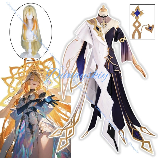 Genshin Impact Rhinedottir Naberius Cosplay Costume Dress Wig Uniform Headwear Four Shades Halloween Party for Women Girls Prop