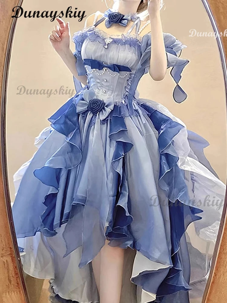 Blue Flower Wedding Dress Cos Lolita Dress Lolita Heavy Industry Trail Puffy Princess Dress Bow Lolita Cosplay Customized