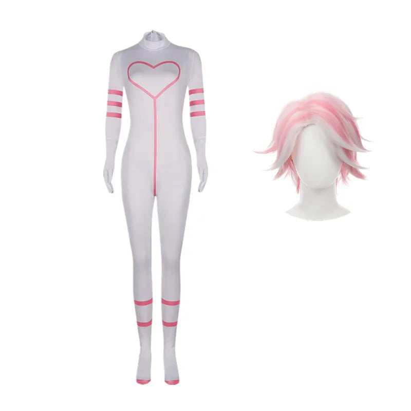 Angel Dust Cosplay Pink White Costume Wig Hazbin Rolelpaly Hotel Leather Tight Fitting Jumpsuit Outfiits Women Halloween Party