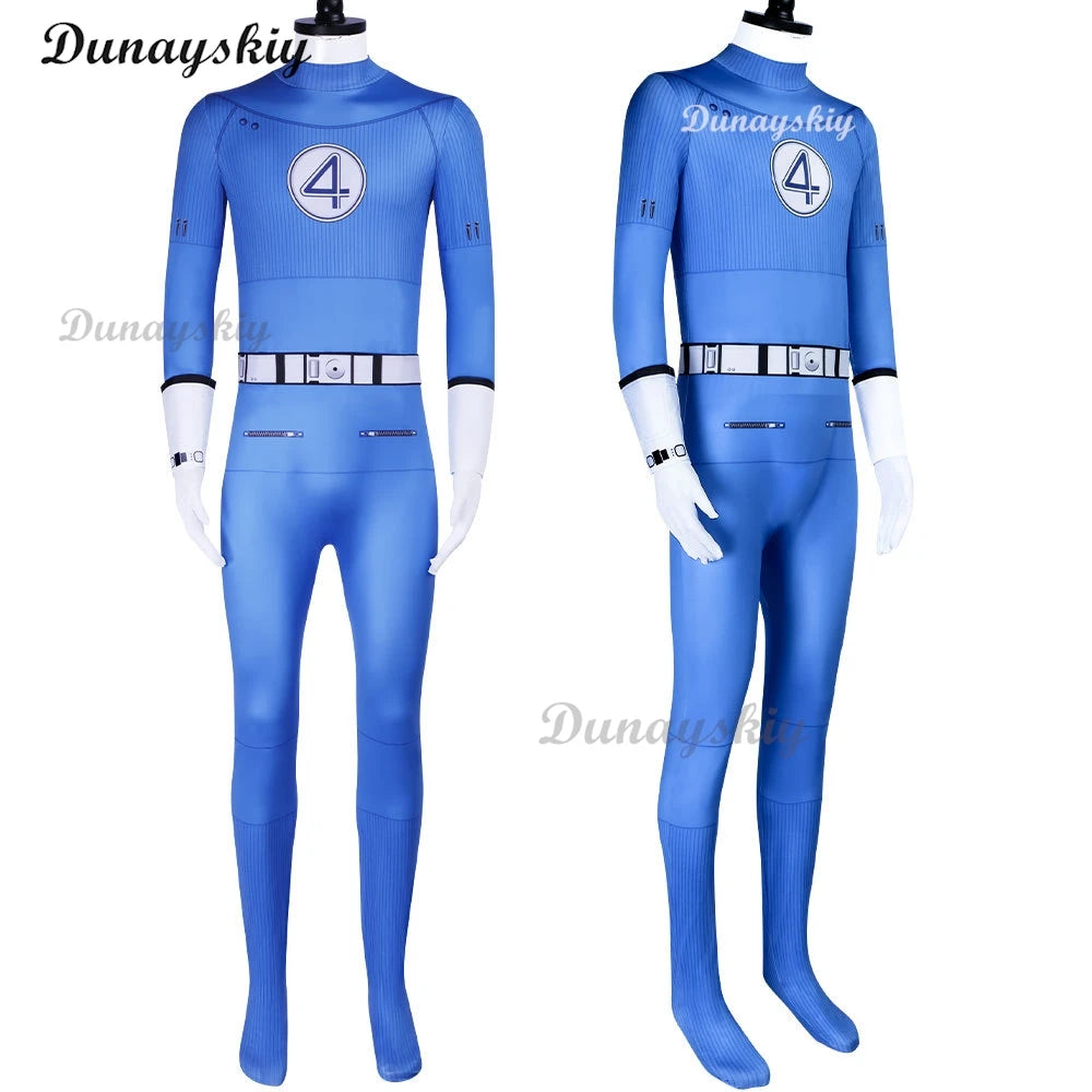 Movie Fantastic Four Cosplay Costume Thunderbolt Fire Blue And White Jumpsuit Superhero Halloween Party Invisibility Jumpsuit