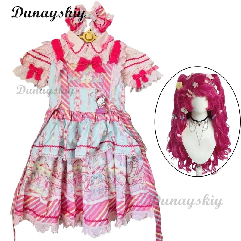Pinkie Pie Cosplay Costumes Wig Shoes Anime Sweet Lolita Candy Amusement Park JSK Dresses Kawaii Girls Dress Up Party Suits