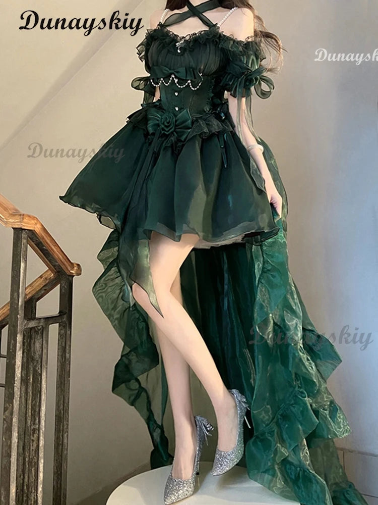 Exquisite Elegant Green Lolita Dress High Waist Slim Fit Bow Off -The-Shoulder Neck Suspender Dress Wedding Dress Customized