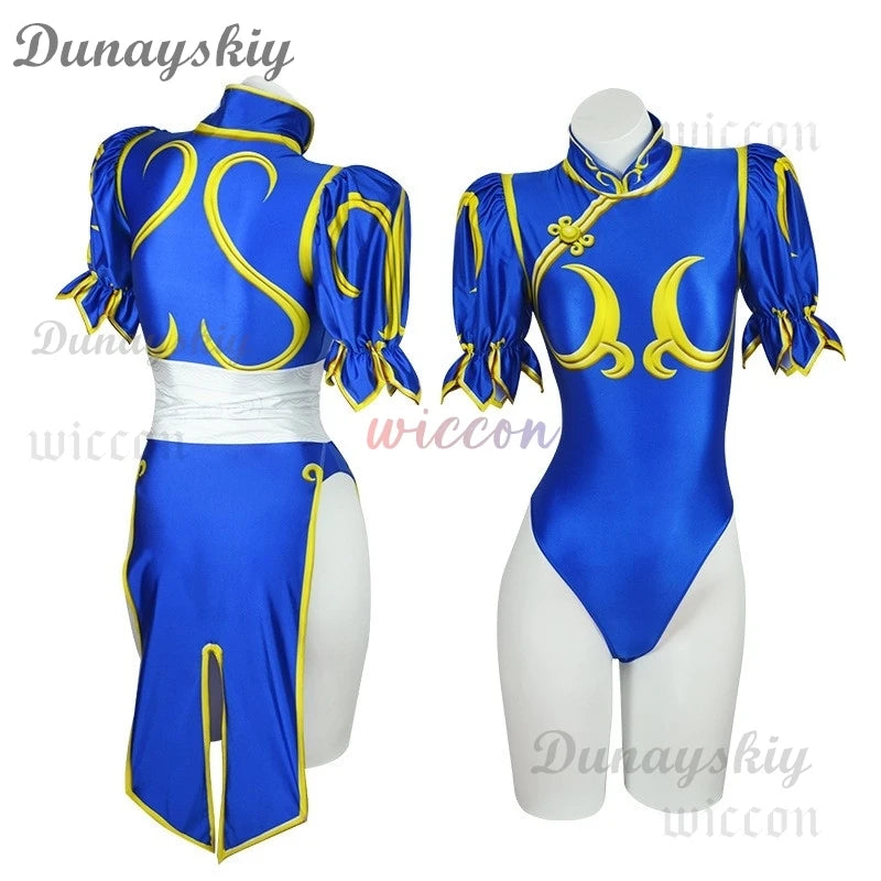 Games Chun Li Cosplay Costumes Sutorito Faita Blue Cheongsam Dress Women Sexy Bodysuit Headwear Suit Halloween Carnival Clothing