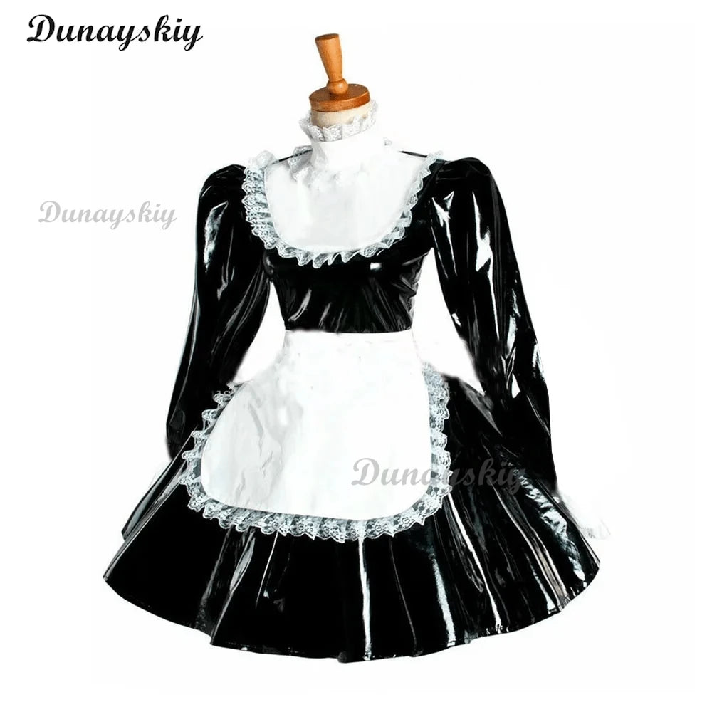 Puff Long Sleeve Gothic Mini Dress Cosplay Women Lolita Bowknot Lace Apron Dress PVC Wetlook Maid Cosplay Halloween Maid costume