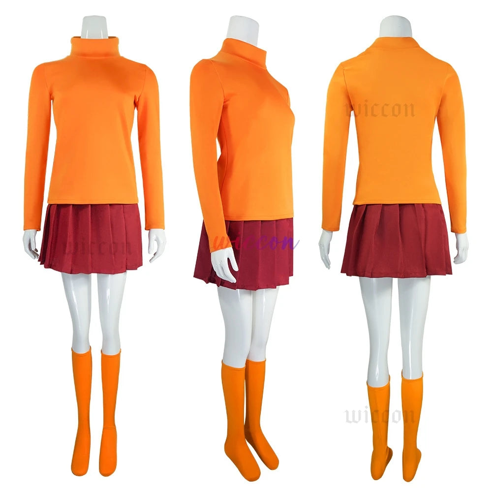 Anime Velma Seragam Cosplay Kostum Orange Short Skirt Uniform Wanita Oranye Kaus Kaki Rok Atas Halloween Party Carnival Set