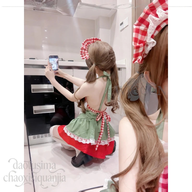 Sexy Strawberry Halter Two-Piece Short Skirt Jirai Kei Cosplay Costume Cute Anime Lolita Original Design Girls Christmas Party